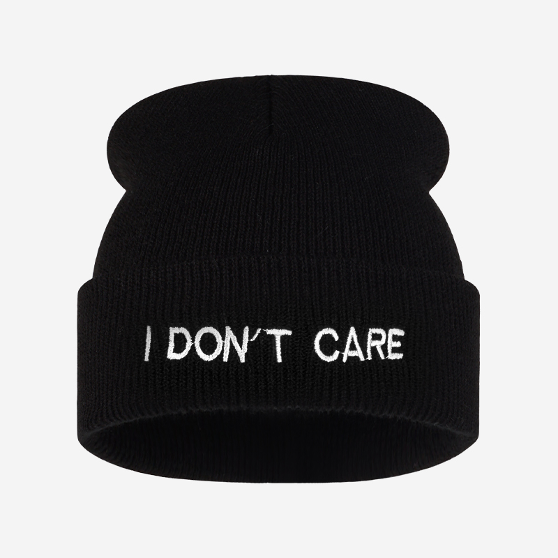 Beanie Cuffed Knit - I DON'T CARE Текстовая вязаная шапка